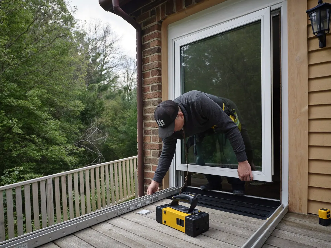 Accredited installer carefully fitting a new white uPVC window frame