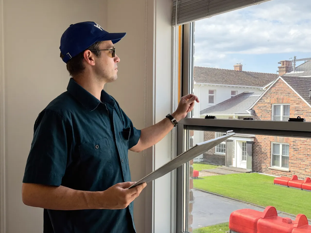 Installer taking measurements during an off-season home survey